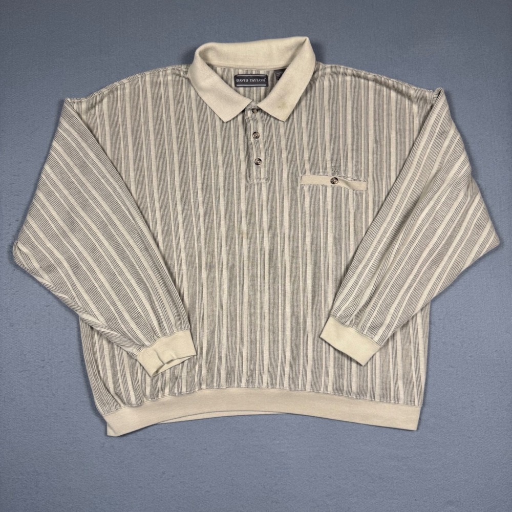 David Taylor Vintage Polo Shirt Mens XXL Beige Striped Long Sleeve Pocket Casual